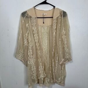 Lace Embroidered Sheer Open Front Cardigan Beige Medium Boho Coachella Party